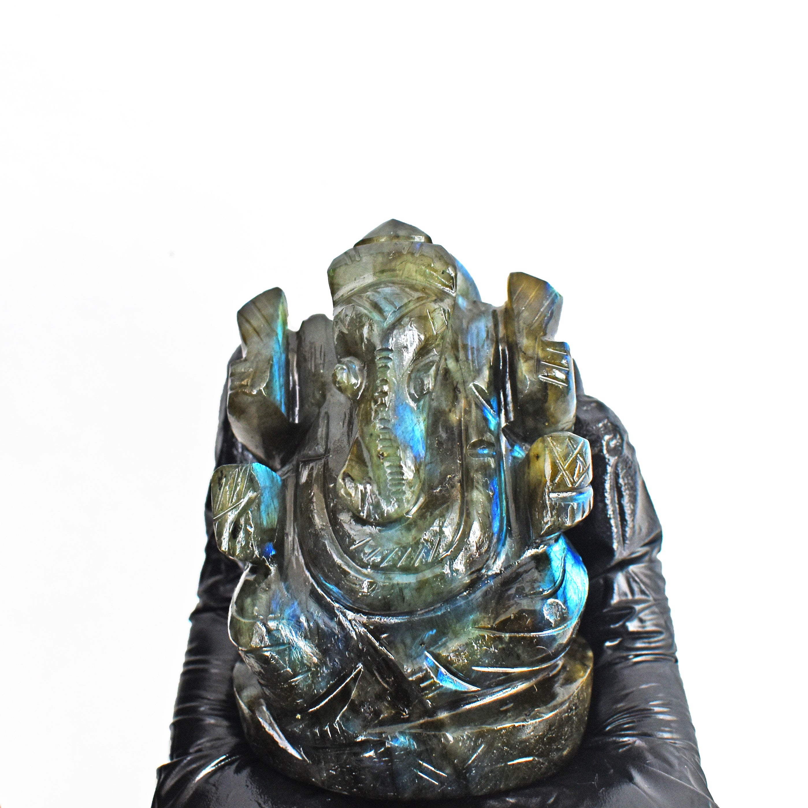 Gorgeous 672.00 Cts Genuine Blue Flash Labradorite Divine Hand Carved Crystal Lord Ganesha Gemstone Carving
