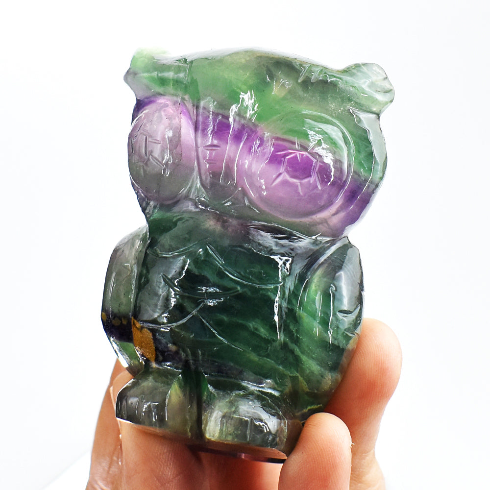 Stunning 863.00 Cts Genuine Multicolor Fluorite Hand Carved Crystal Gemstone Owl Carving