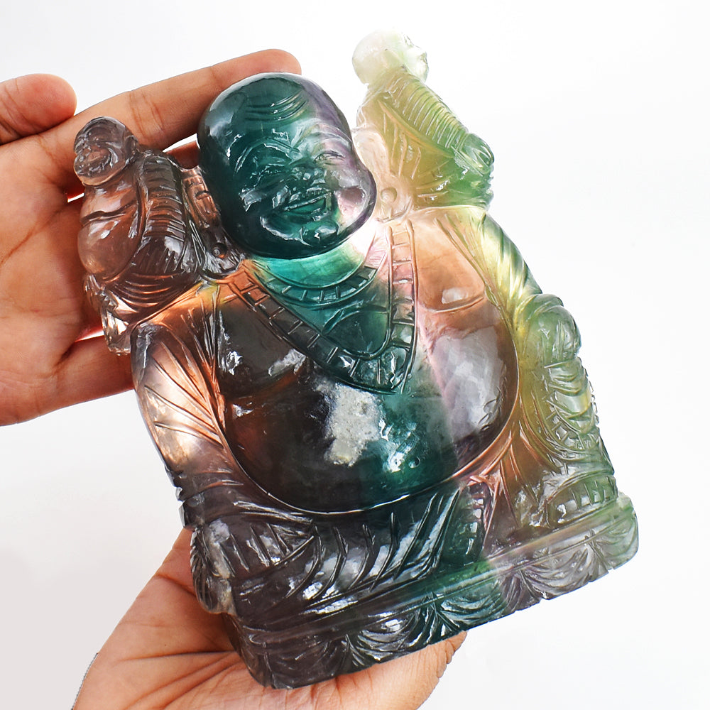 Natural 8500.00 Cts Genuine Multicolor Fluorite Hand Carved Crystal Gemstone Laughing Buddha Carving