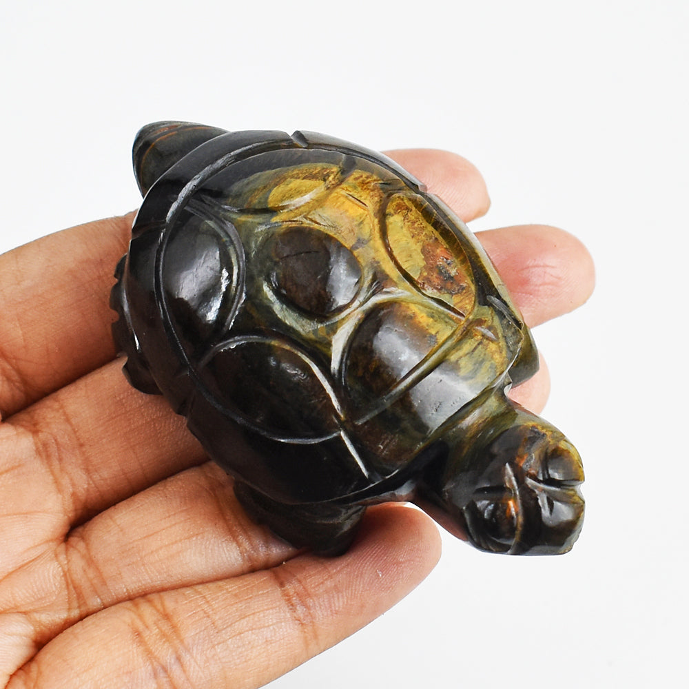 Exclusive 391.00  Carats Genuine Blue Power Tiger Eye Hand Carved Crystal Gemstone  Turtle Carving