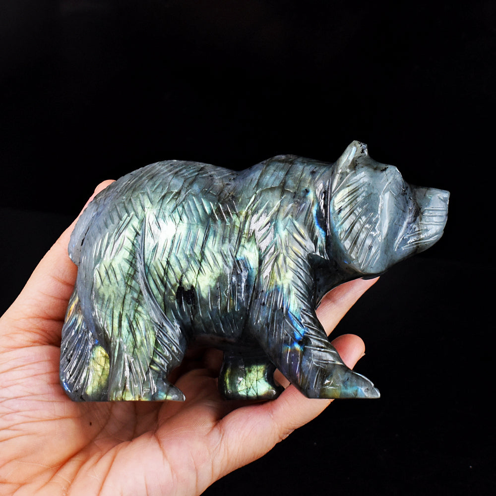 Exclusive 2516.00 Cts  Genuine Amazing Flash Labradorite Hand Carved  Bear  Gemstone  Carving