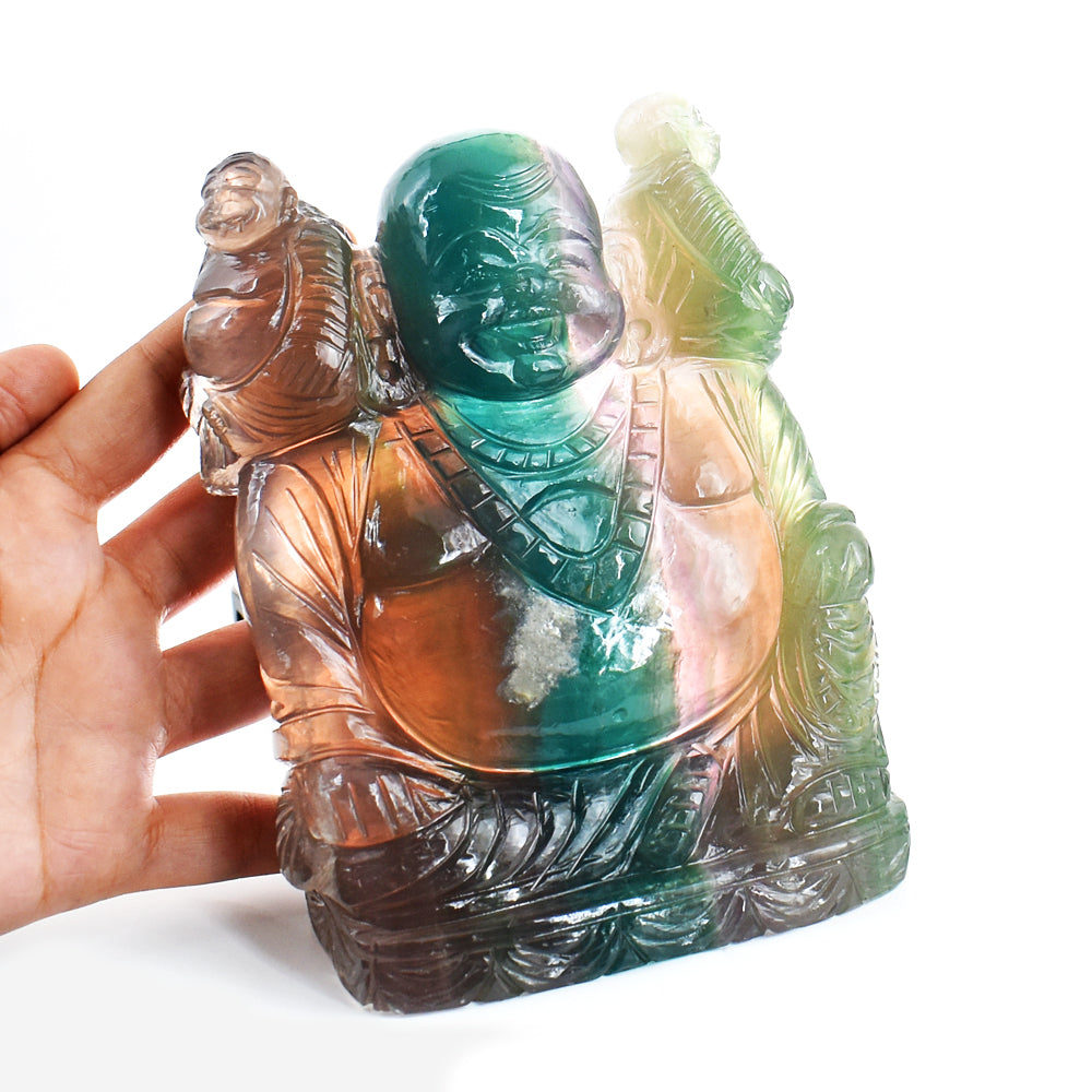 Natural 8500.00 Cts Genuine Multicolor Fluorite Hand Carved Crystal Gemstone Laughing Buddha Carving