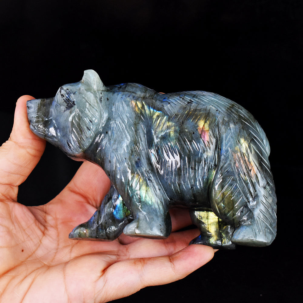 Exclusive 2516.00 Cts  Genuine Amazing Flash Labradorite Hand Carved  Bear  Gemstone  Carving