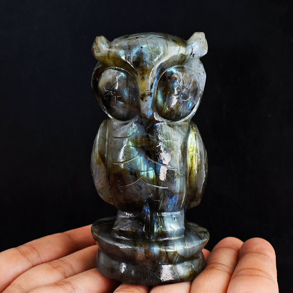 Stunning  1720.00  Carats  Genuine  Amazing  Flash Labradorite  Hand Carved Gemstone Owl Carving