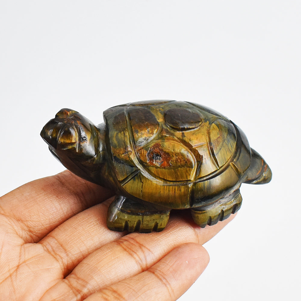 Exclusive 391.00  Carats Genuine Blue Power Tiger Eye Hand Carved Crystal Gemstone  Turtle Carving