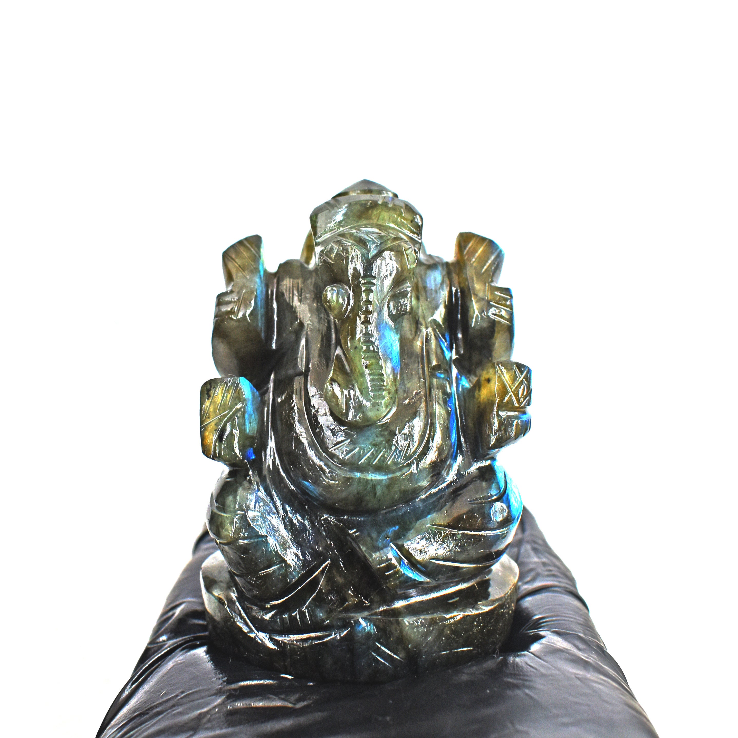 Gorgeous 672.00 Cts Genuine Blue Flash Labradorite Divine Hand Carved Crystal Lord Ganesha Gemstone Carving
