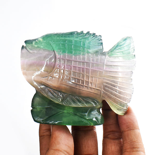 Gorgeous 1384.00 Cts Genuine Multicolor Fluorite Hand Carved  Crystal Gemstone Carving Fish