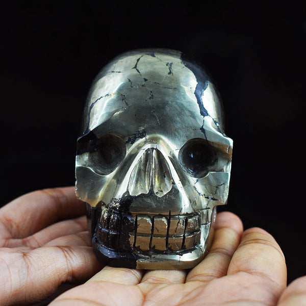 Craftsmen 3497.00 Carats  Genuine  Golden Pyrite  Hand  Carved  Gemstone  Skull  Carving