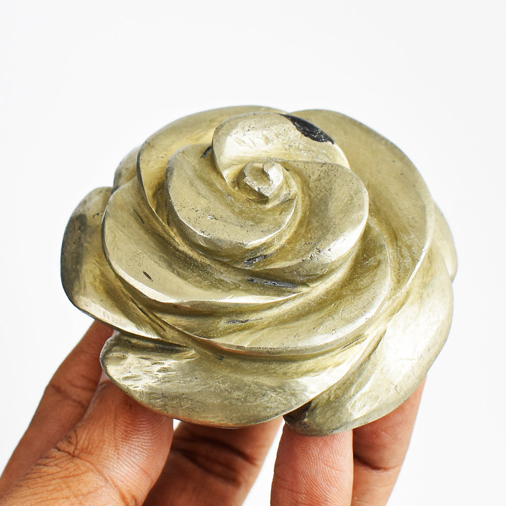 Beautiful  1636.00  Carats Genuine Golden  Pyrite  Hand  Carved  Rose  Flower  Gemstone  Carving