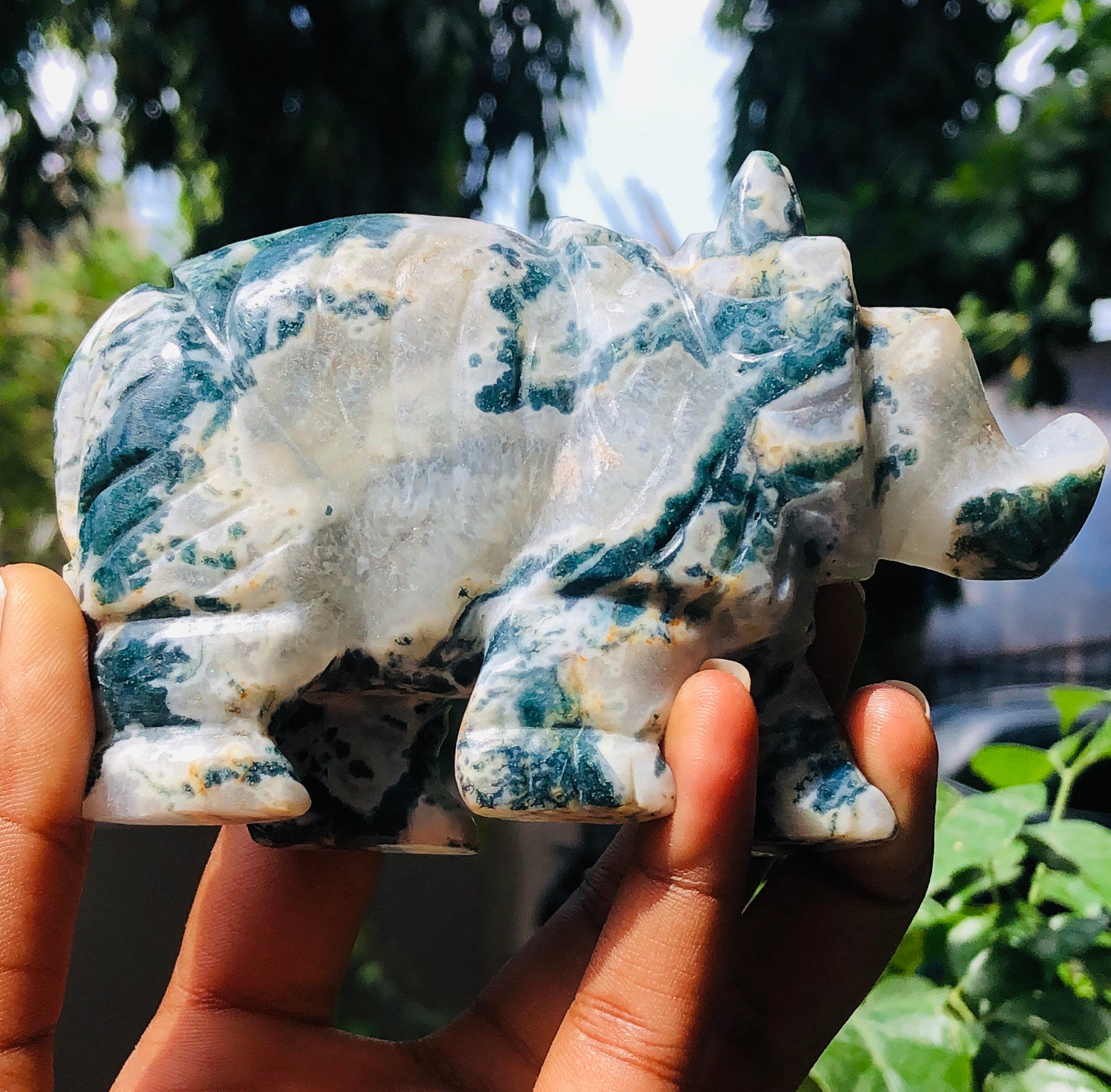Exclusive 1633.00 Cts Green Tree Agate Hand Carved Genuine Crystal Gemstone Carving Rhino 2026  Collection