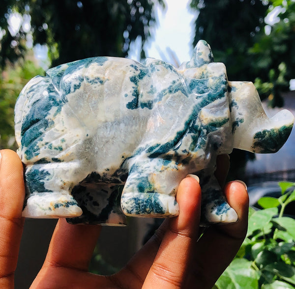 Exclusive 1633.00 Cts Green Tree Agate Hand Carved Genuine Crystal Gemstone Carving Rhino 2026  Collection