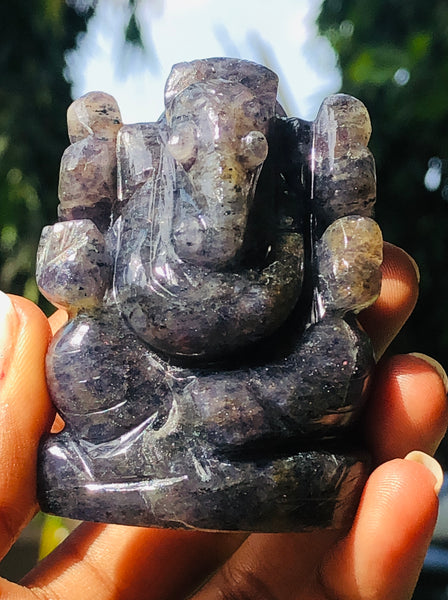 Artisan 586.00 Cts Iolite Divine Hand Carved Lord Ganesha