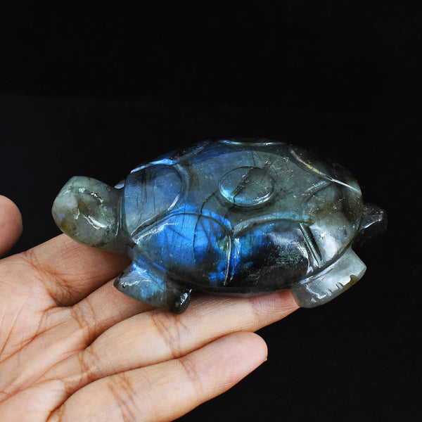 Beautiful  510.00 Carats  Genuine  Blue Flash  Labradorite Hand Carved  Crystal  Turtle Carving