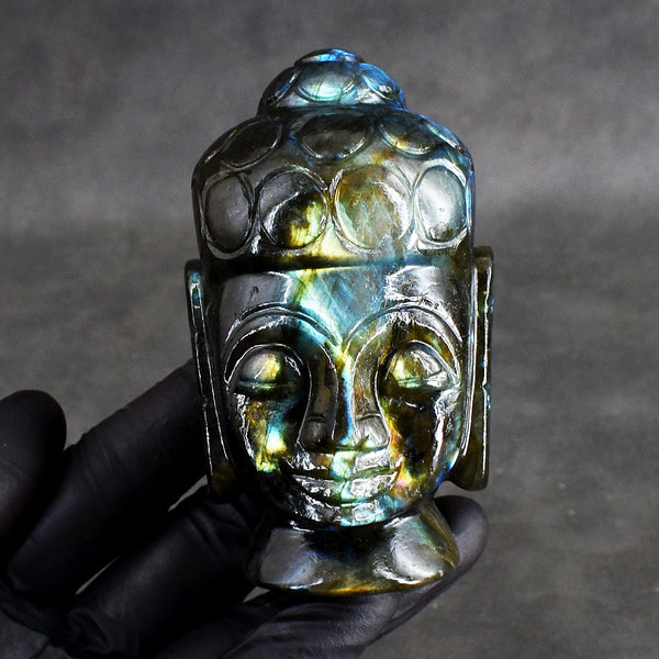 Exclusive 1463.00 Cts Genuine Golden & Blue Flash Labradorite Hand Carved Buddha Head Carving