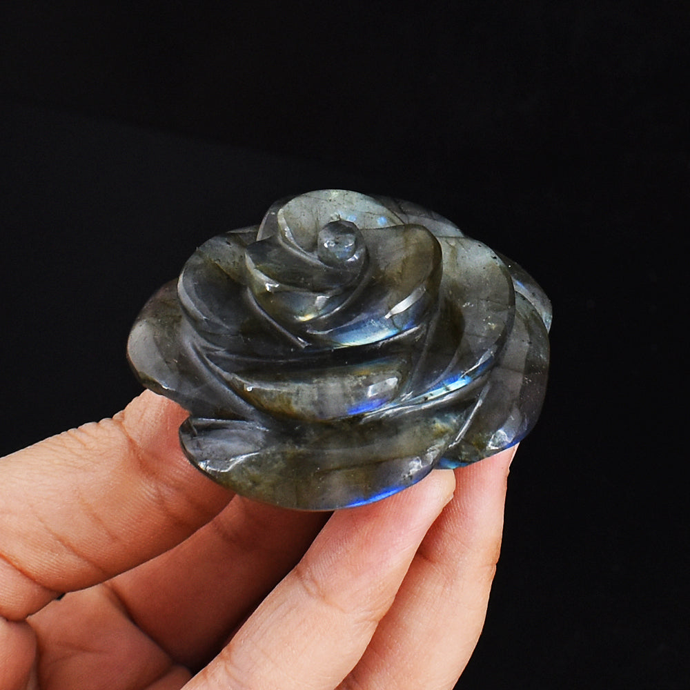 393.00 Carats  Genuine  Blue Flash Labradorite  Hand Carved  Gemstone  Crystal Rose  Flower  Carving