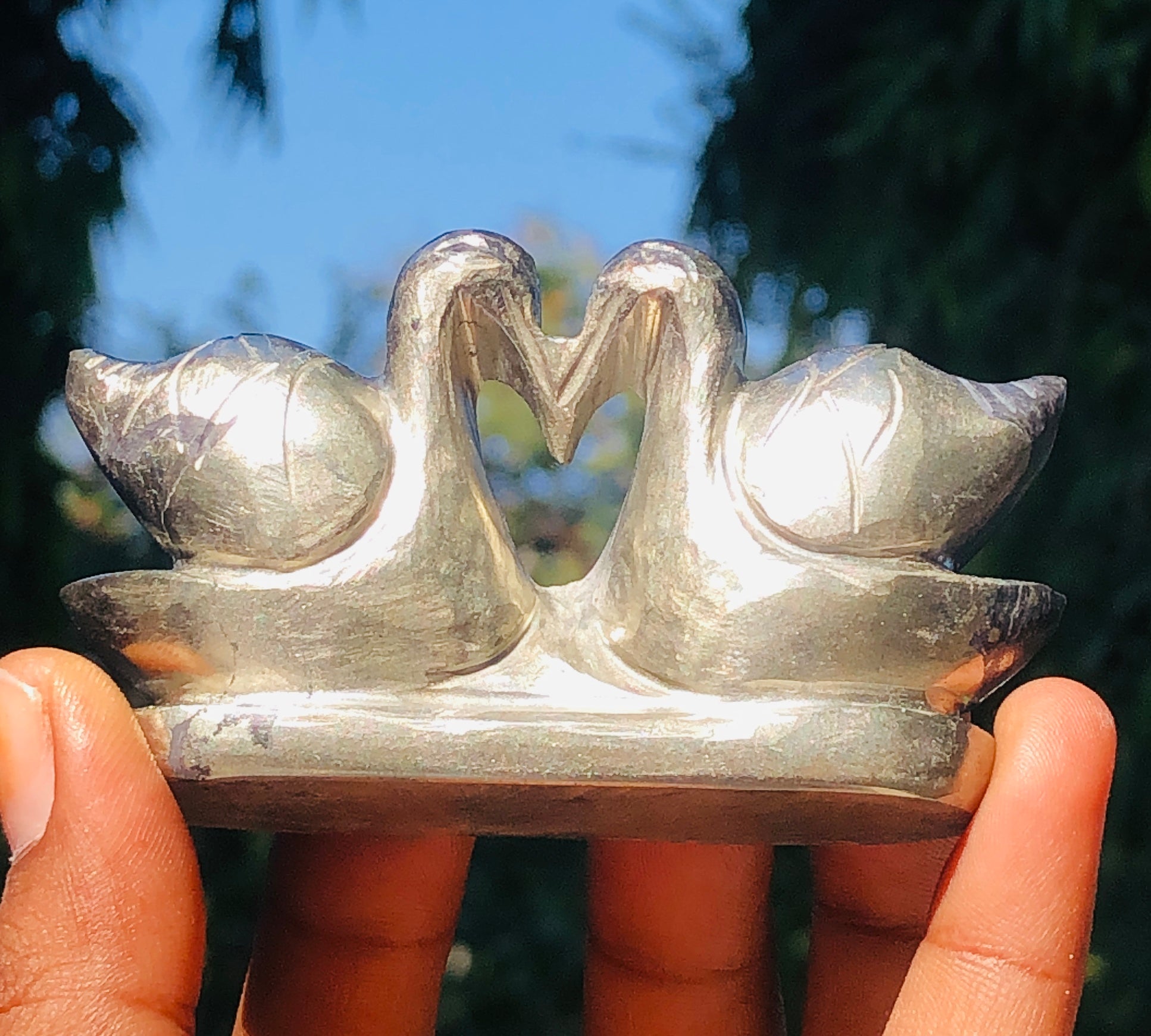 Awesome 813.00 Cts Genuine Pyrite Carved Love Swan Pair Premium