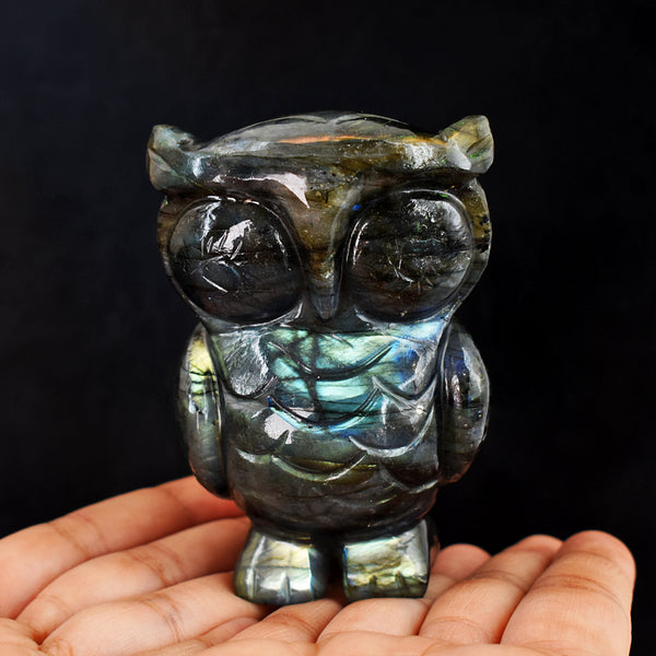 Amazing 1389.00 Carats  Genuine Golden & Blue Flash Labradorite Hand Carved Gemstone Owl Carving