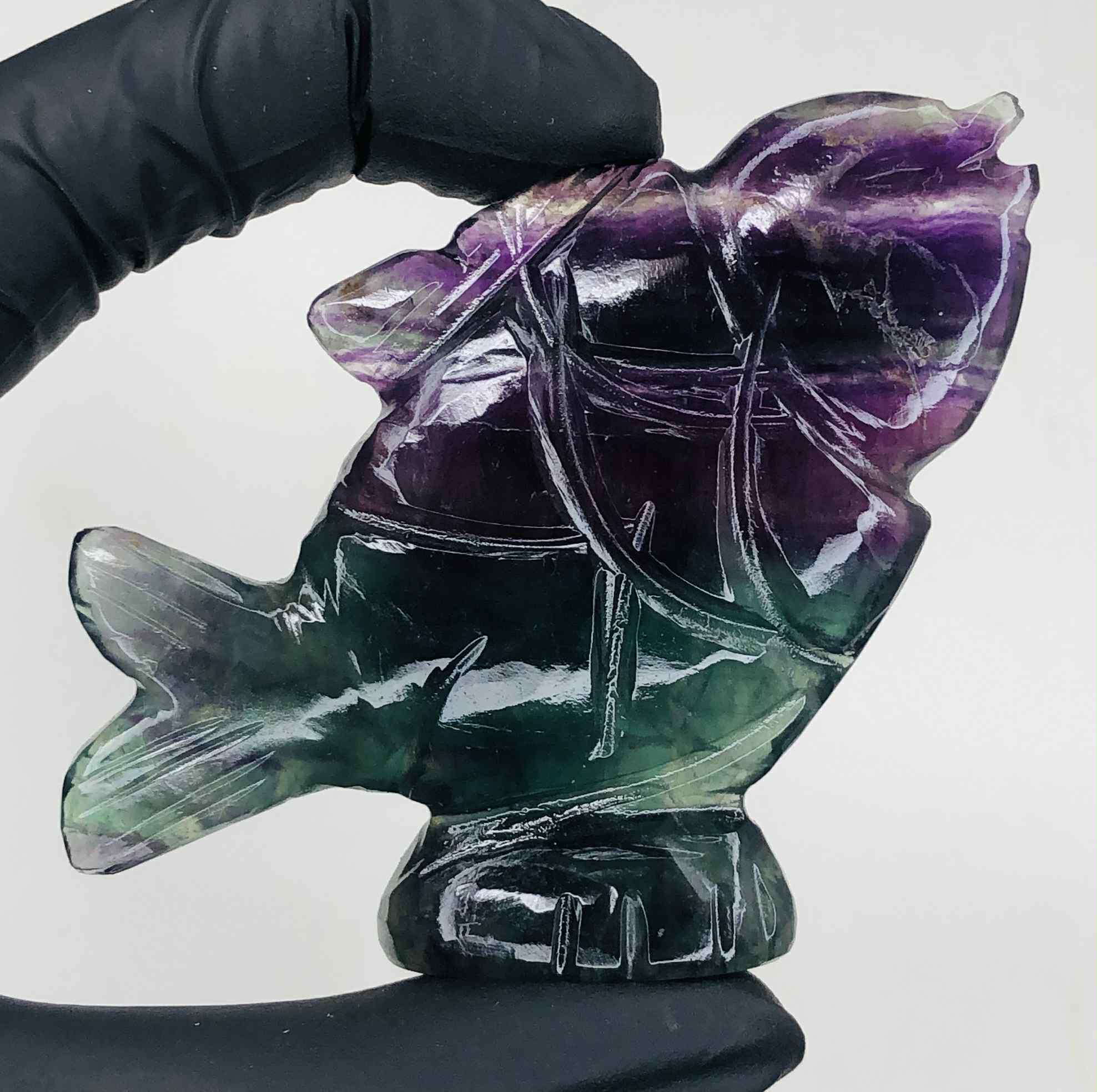 Genuine 342.00 Cts Multicolor Fluorite Carved Crystal Premium Fish