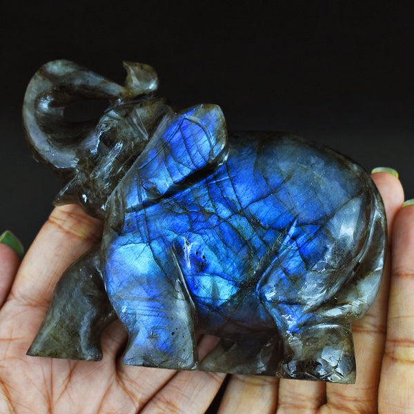 Stunning 1676.00 Cts Genuine Blue Flash Labradorite Hand Carved Crystal Gemstone Elephant Carving