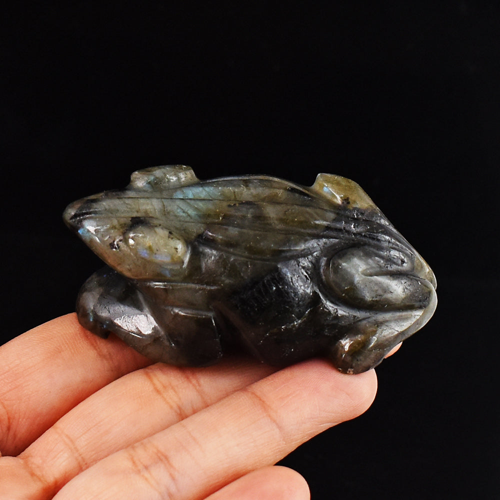 Blue & Green Flash Labradorite 493.00 Cts Genuine Hand Carved Crystal Gemstone Frog Carving