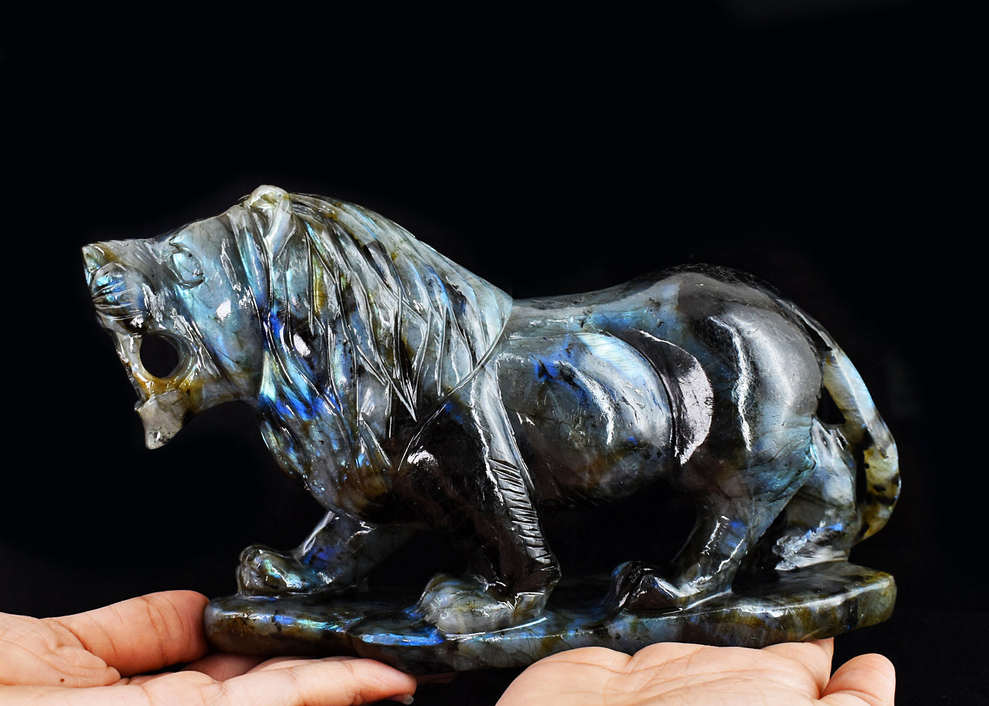 Stunning 8975.00 Cts Genuine Amazing Flash Labradorite  Hand Carved Crystal Gemstone Lion  Carving