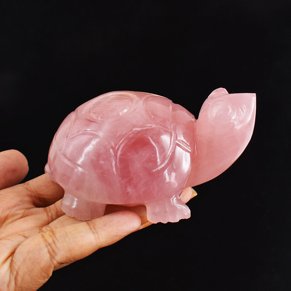 Natural 1220.00 Carats Genuine Pink Rose Quartz Hand Carved Crystal  Gemstone Turtle Carving