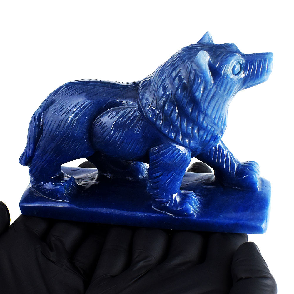 Exclusive 2475.00 Carats Genuine Blue Iolite Hand Carved Crystal Gemstone Wolf Carving