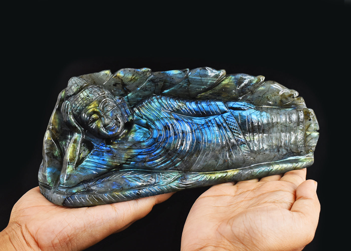 Gorgeous  8110.00  Cts  Genuine  Amazing Flash Labradorite Hand Carved Sleeping Buddha Carving