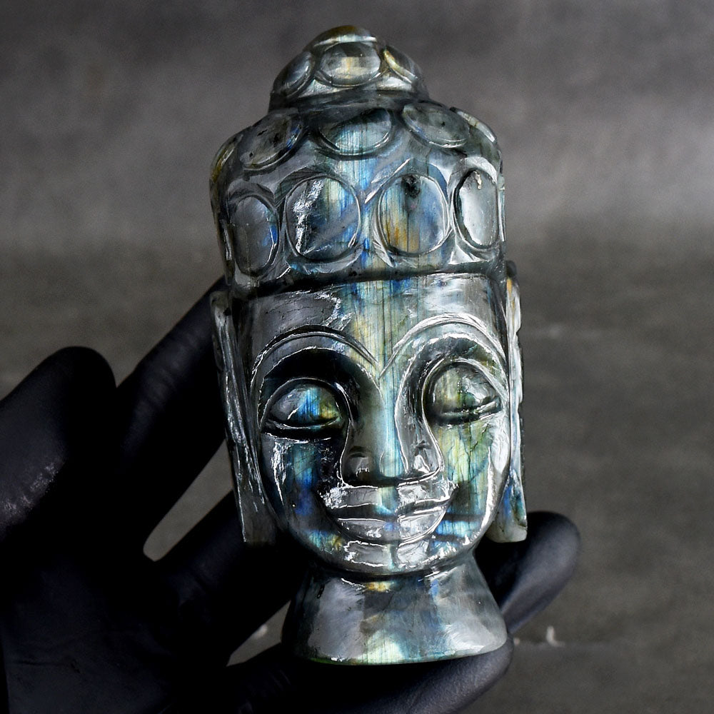 Natural 1742.00 Cts Genuine Golden & Blue Flash Labradorite Hand Carved Crystal Buddha Head Gemstone