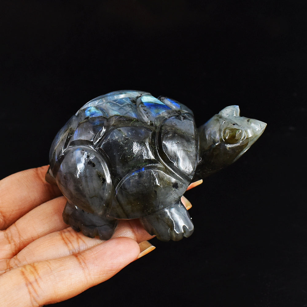 722.00 Carats  Genuine Blue Flash Labradorite Hand Carved  Crystal  Gemstone Turtle Carving