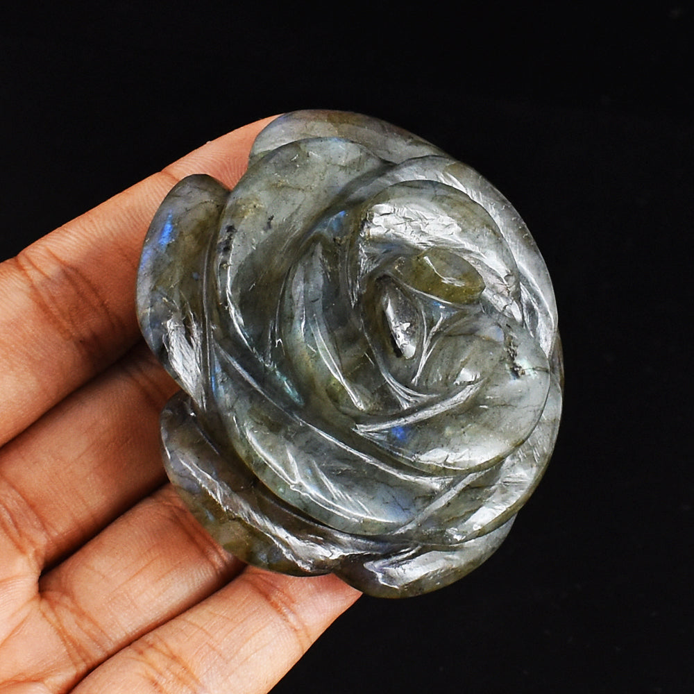 Blue  Flash Labradorite  454.00 Carats  Genuine  Hand Carved  Gemstone Rose Flower  Carving