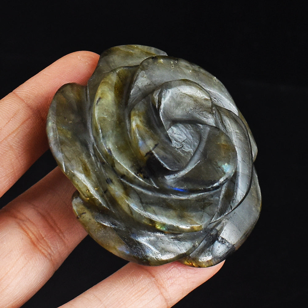 405.00 Carats Genuine Golden & Blue Flash Labradorite  Hand  Carved Gemstone Crystal Rose Flower Carving