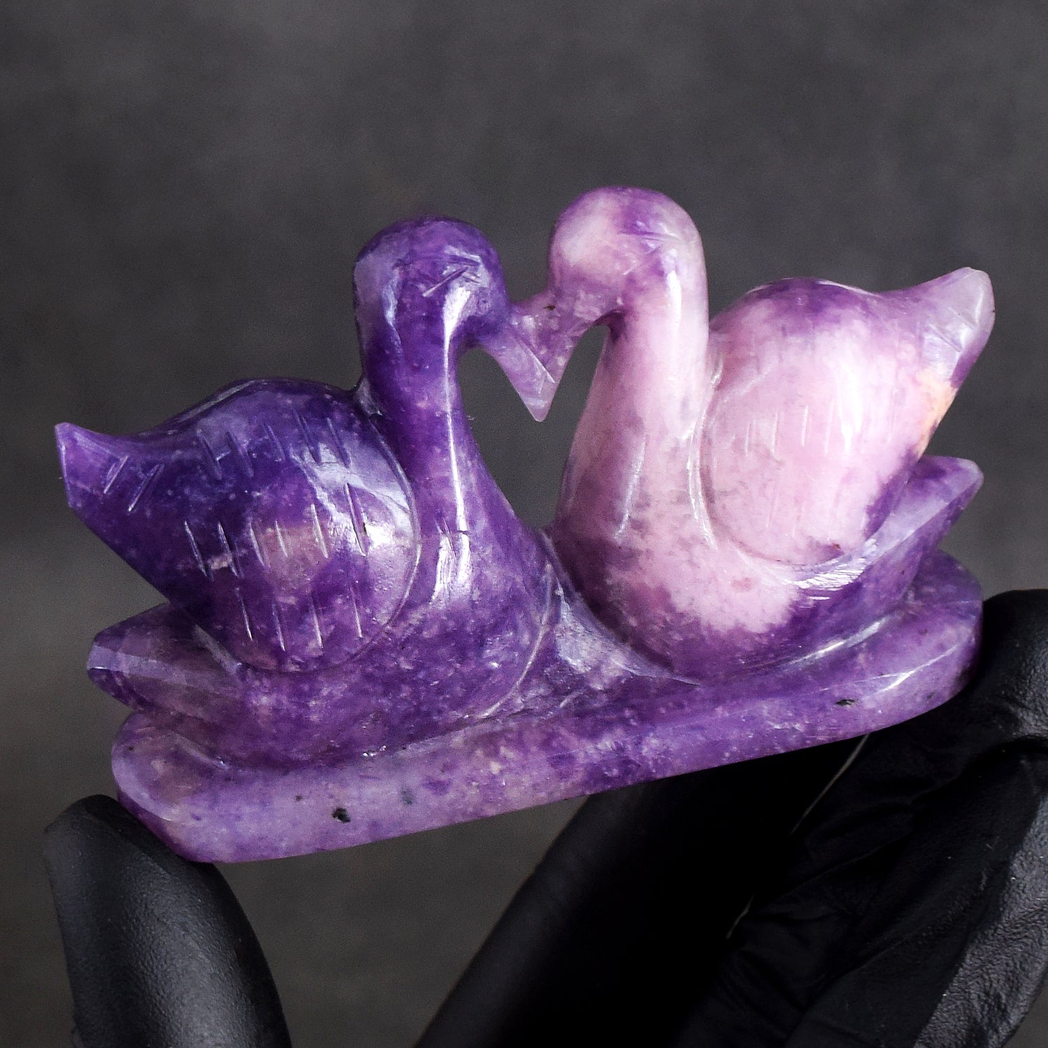 Impressive 560.00 Cts Genuine Lepidolite Hand Carved Premium Love Swan Pair