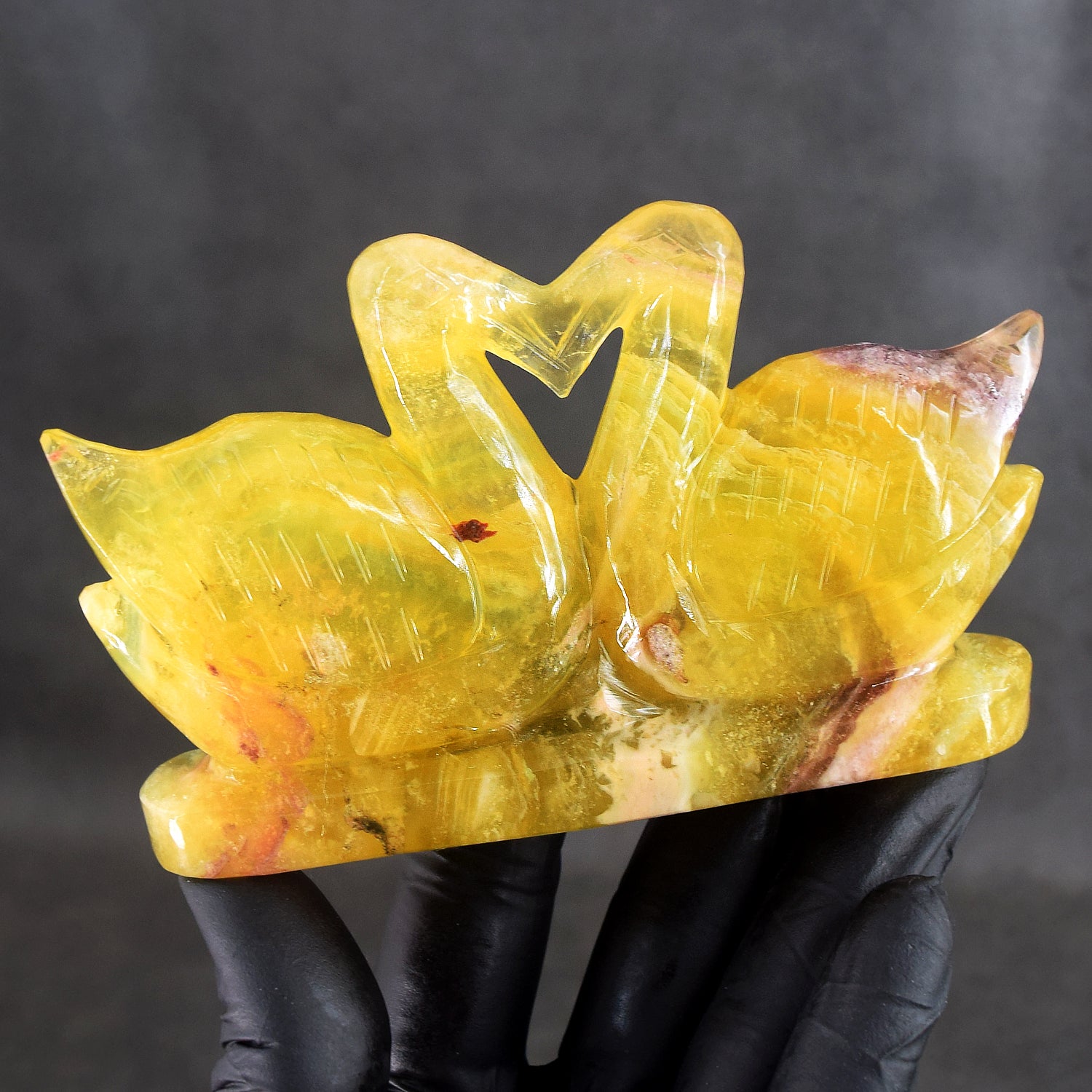 Superb 1393.00 Cts Genuine Yellow Fluorite Premium Carved Love Swan Pair