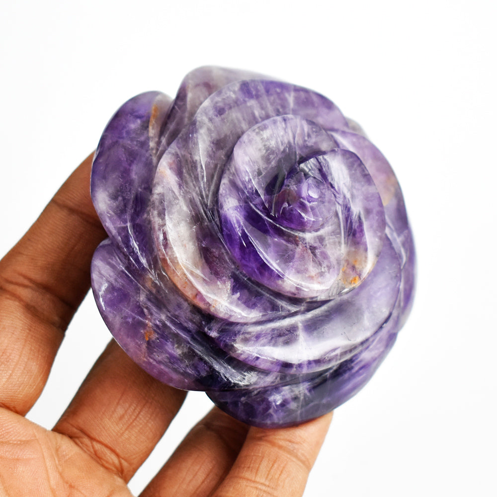 Amazing 915.00 Cts Genuine  Amethyst Hand  Carved  Rose  Flower  Gemstone  Carving