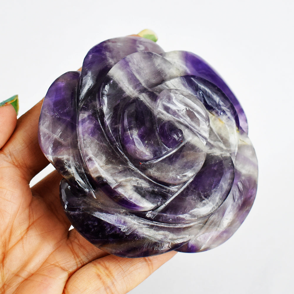 Amazing 910.00 Carats Genuine Chevron Amethyst Hand  Carved Crystal Rose  Flower  Gemstone  Carving
