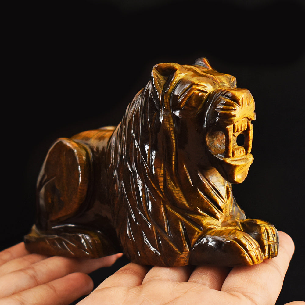 Artisian  3014.00 Cts Genuine Golden Tiger Eye  Hand Carved Crystal Gemstone  Lion Carving