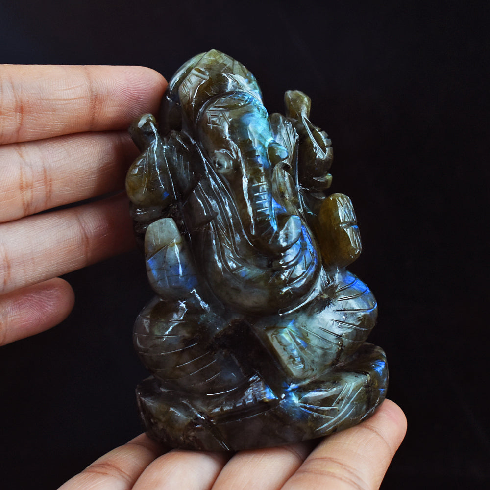 Beautiful 1699.00 Cts Genuine  Blue Flash Labradorite Hand Carved Crystal Lord Ganesha Gemstone Carving