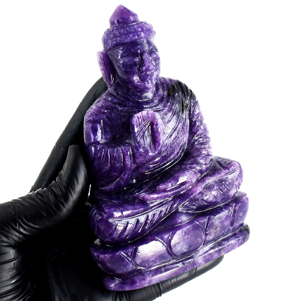 Awesome 1900.00 Carats Genuine Lepidolite Hand Carved Buddha Gemstone Crystal Statue Carving
