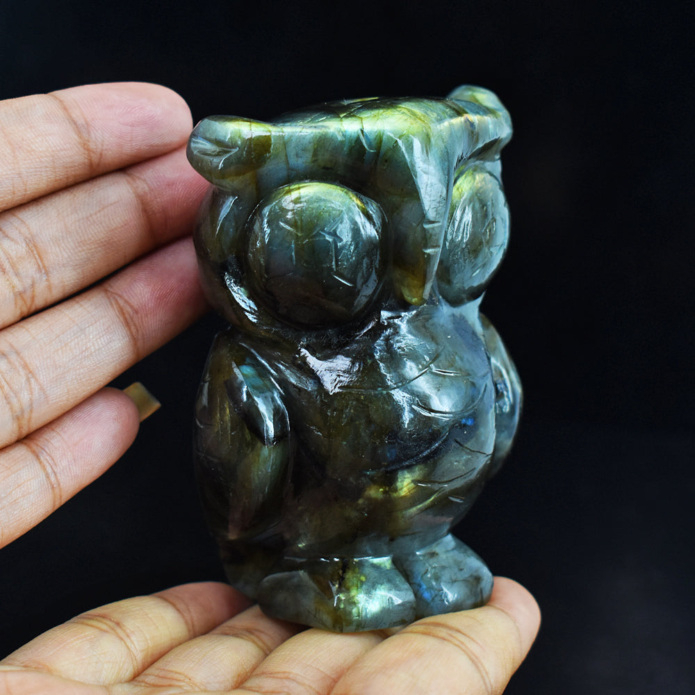 Golden & Blue Flash Labradorite 1289.00 Cts Genuine  Hand Carved Crystal Gemstone Owl Carving