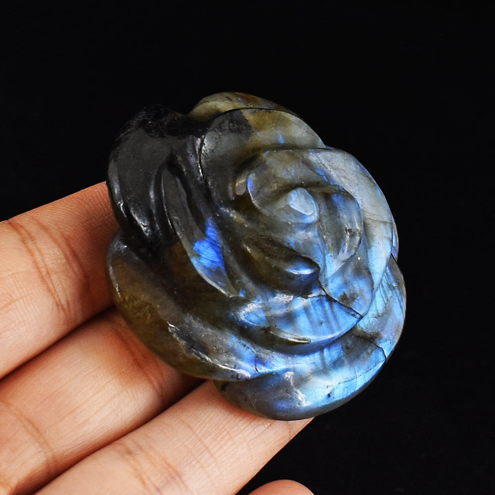 Blue Flash Labradorite  284.00 Cts Genuine Hand  Carved Gemstone Crystal Rose Flower Carving