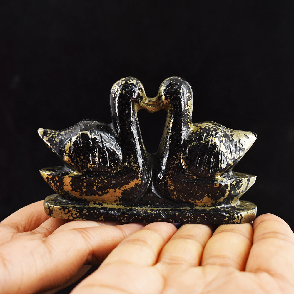 Beautiful  750.00 Carats  Genuine  Pyrite  Hand  Carved  Crystal  Swan Pair Gemstone Carving