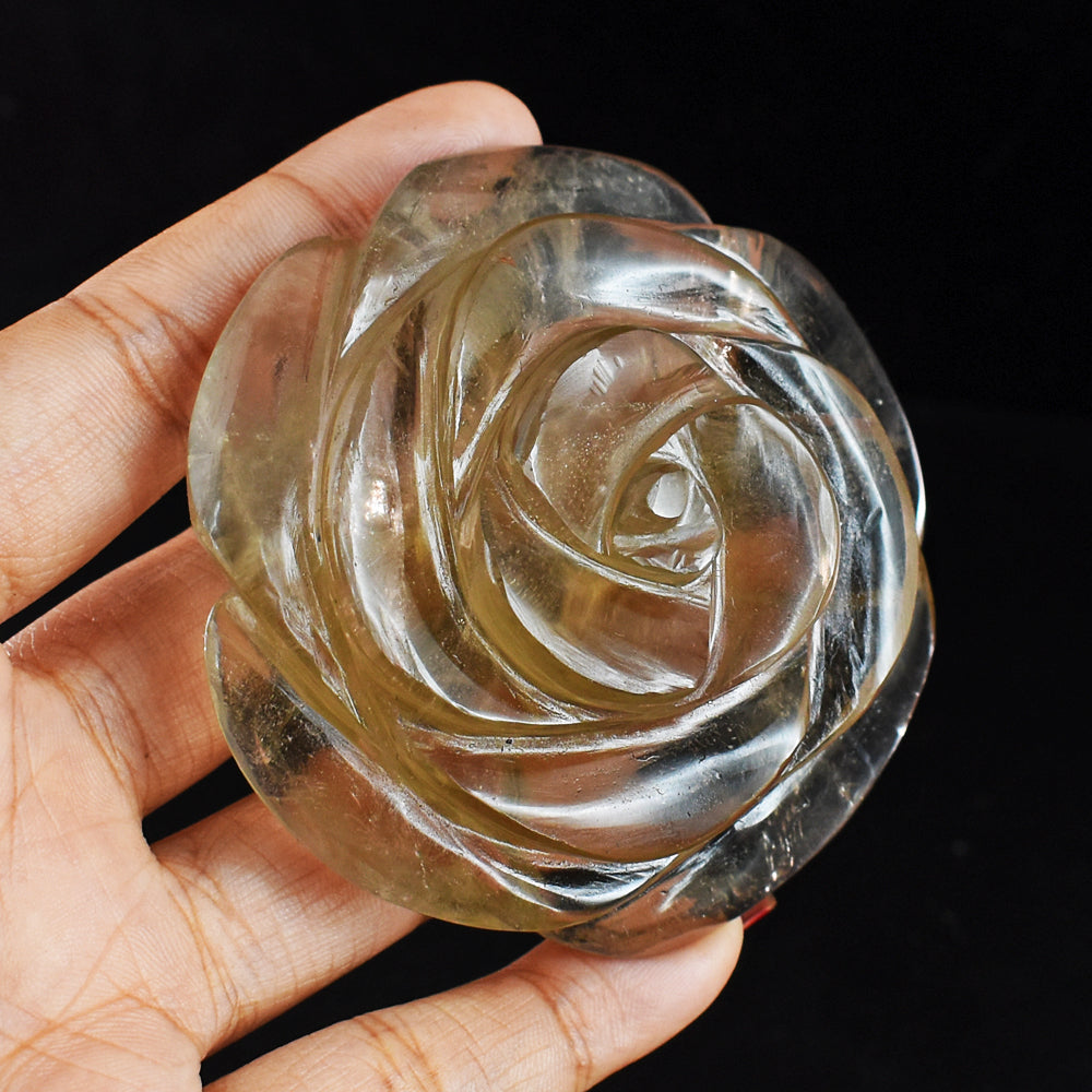Artisian 617.00 Cts   Genuine Smoky Quartz  Hand  Carved  Rose  Flower Gemstone  Carving