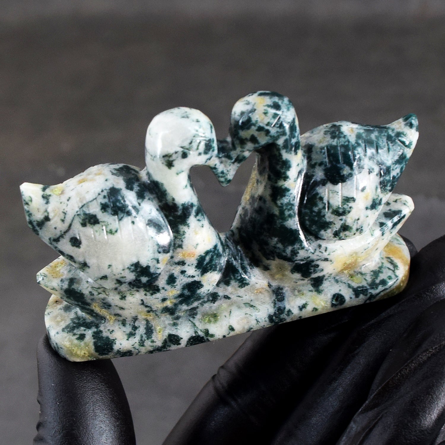 Outstanding 400.00 Cts Genuine Tree Agate Carved Premium Love Swan Pair