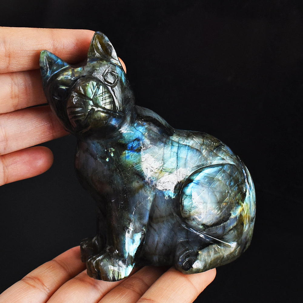 Beautiful 1837.00 Cts Genuine Amazing Flash Labradorite Hand Carved Crystal Gemstone Cat Carving