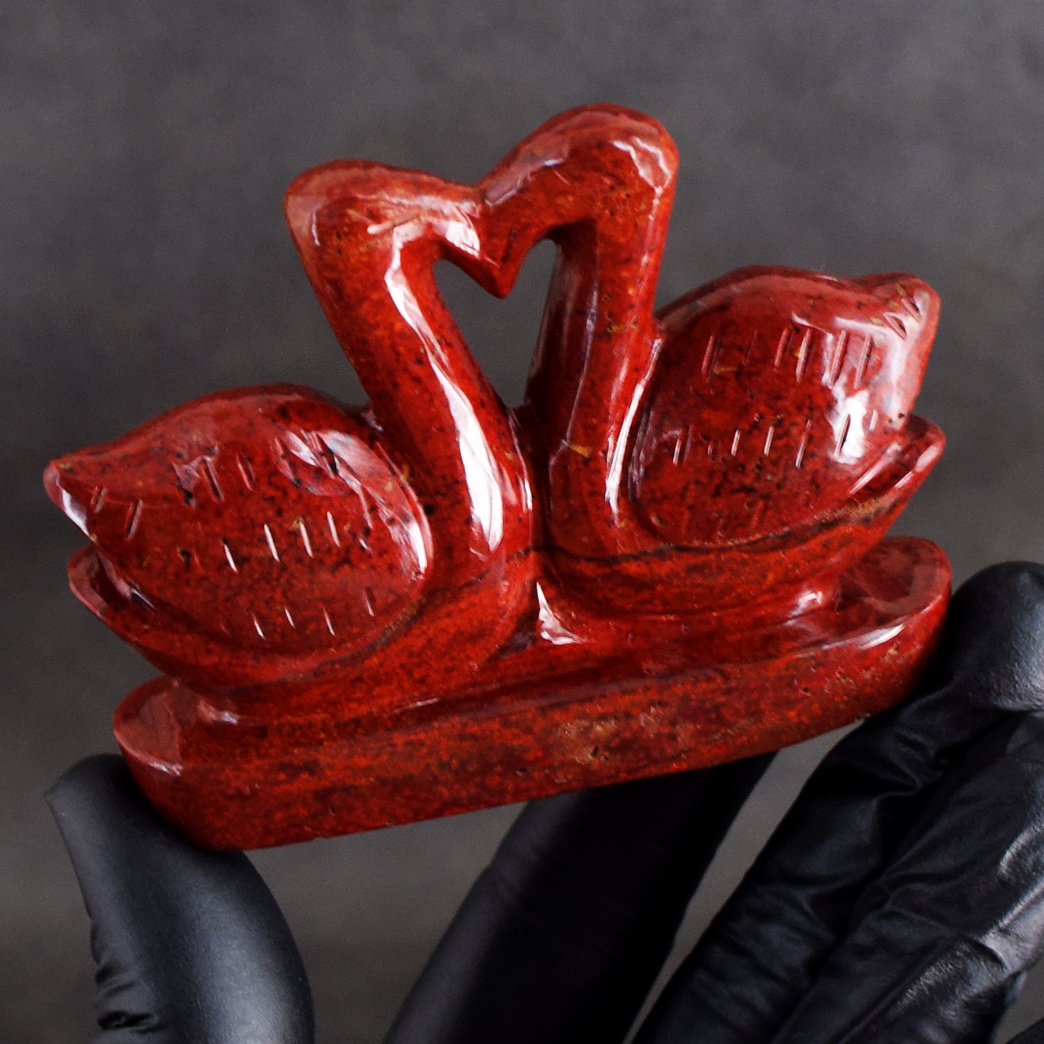 Awesome 602.00 Cts Genuine Red Jasper Carved Love Premium Swan Pair