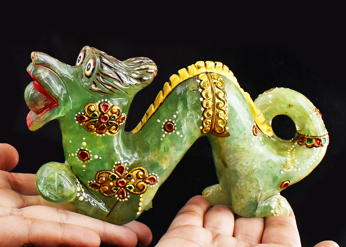 Beautiful  3586.00 Cts Genuine Green Aventurine Printed Enamel Work Hand Carved Dragon Carving