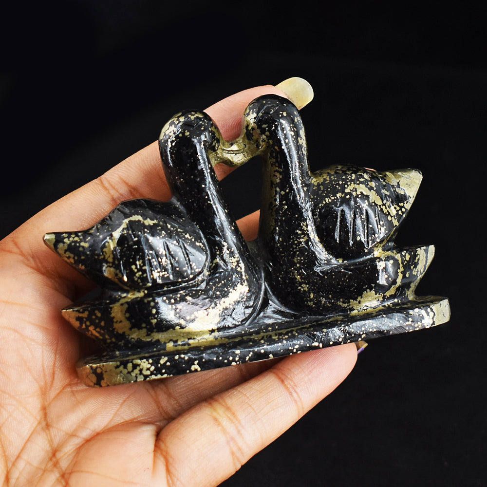 Beautiful  750.00 Carats  Genuine  Pyrite  Hand  Carved  Crystal  Swan Pair Gemstone Carving