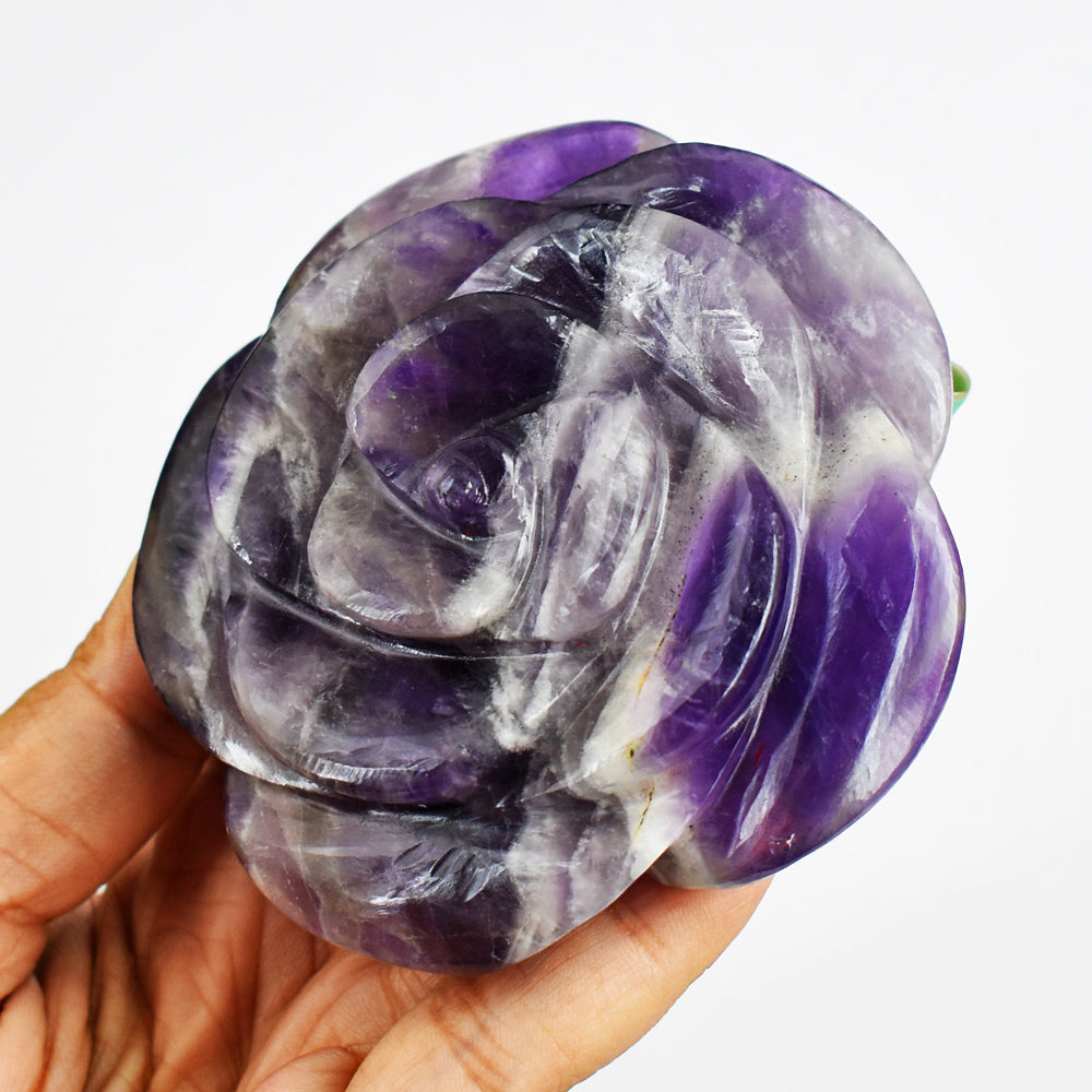 Amazing 910.00 Carats Genuine Chevron Amethyst Hand  Carved Crystal Rose  Flower  Gemstone  Carving