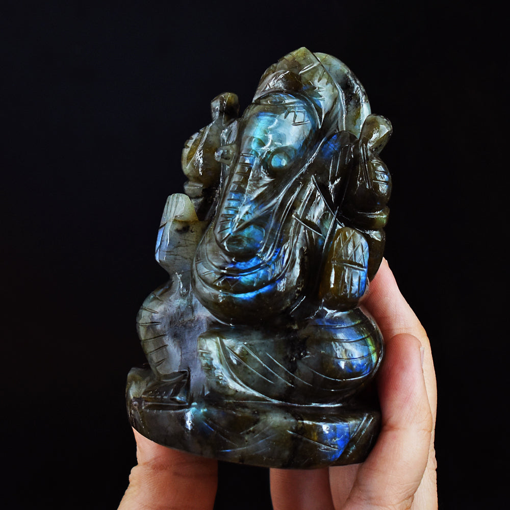 Beautiful 1699.00 Cts Genuine  Blue Flash Labradorite Hand Carved Crystal Lord Ganesha Gemstone Carving